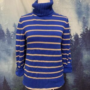 Jones New York Signature Petite Blue Gold Metallic Striped Turtleneck Sweater PS